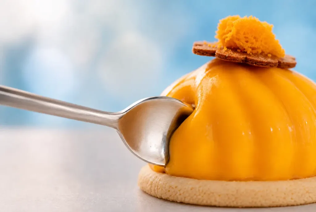 Primo piano di un dessert monoporzione glassato servito al Blu Café sul lungomare di Gallipoli
