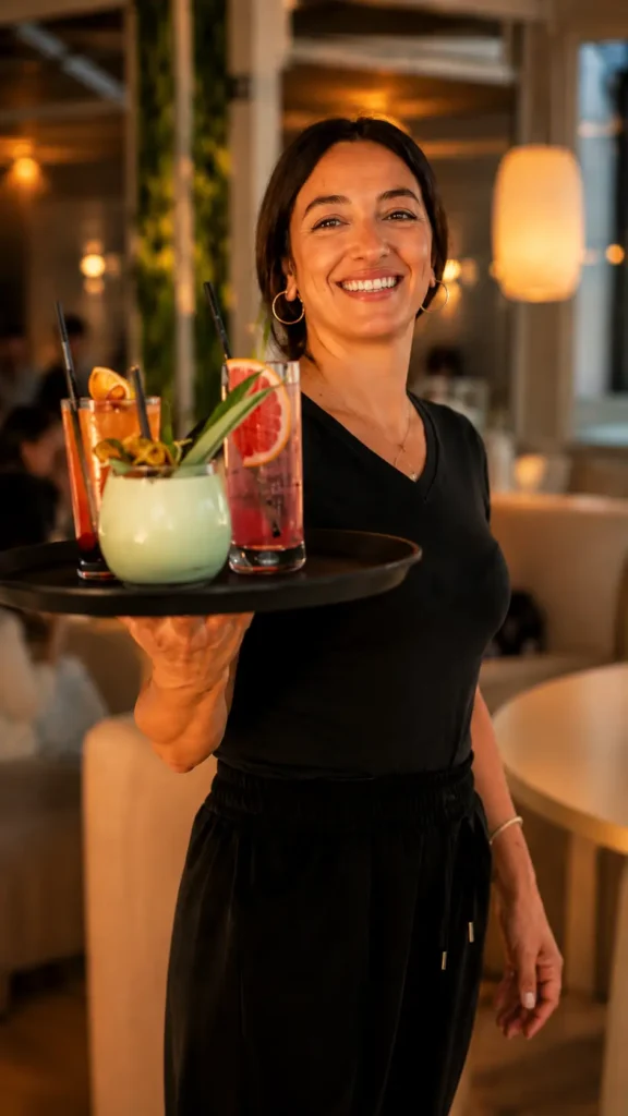 Staff del Blu Cafè Gallipoli con vassoio di cocktail preparati e serviti nel locale