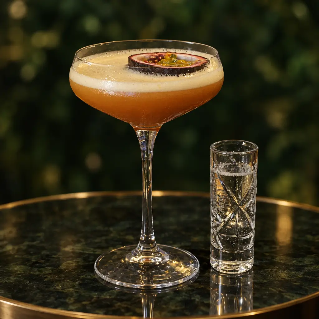 Pornstar Martini in coppa con frutto della passione e un bicchierino di prosecco a lato.