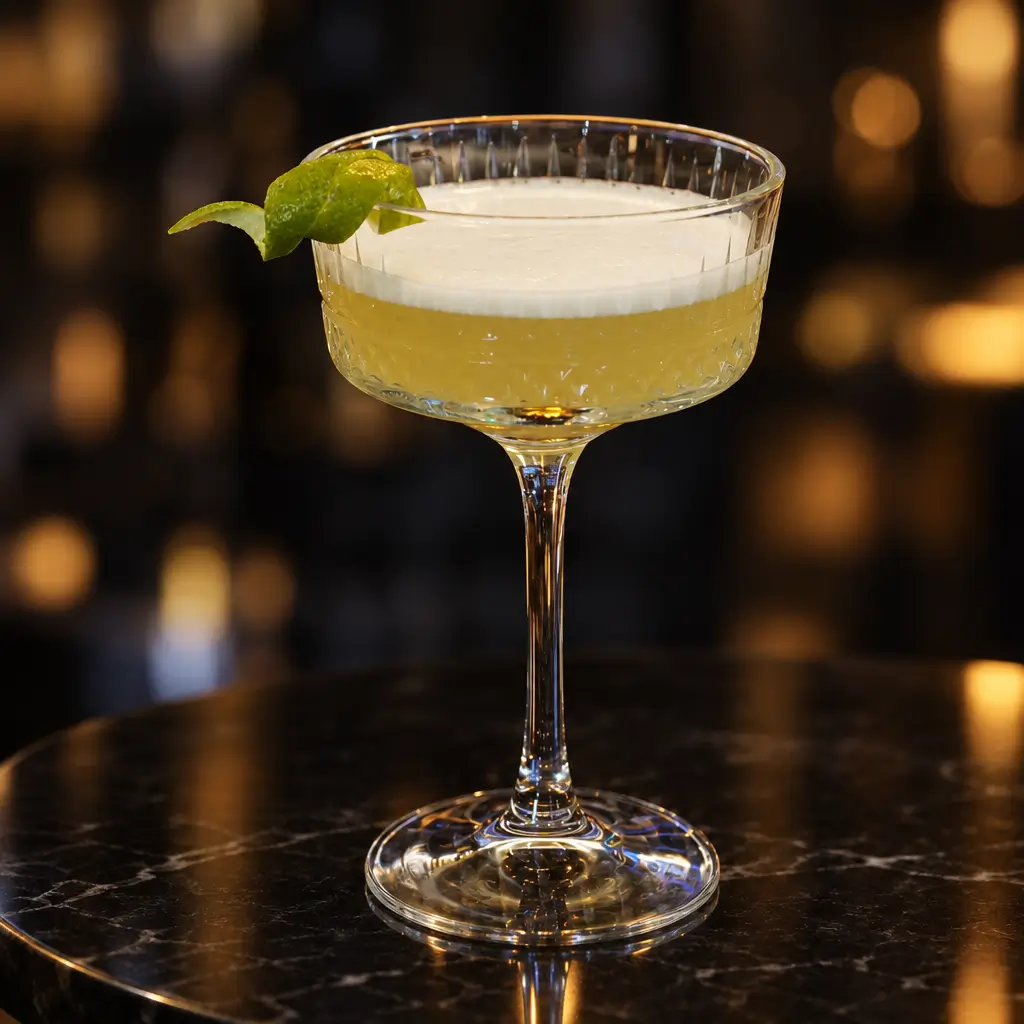 Viento, cocktail giallo chiaro in coppa con schiuma bianca e scorza di lime.