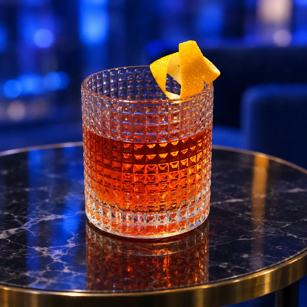 Sazerac ambrato in bicchiere basso lavorato, con ghiaccio e scorza d’arancia.